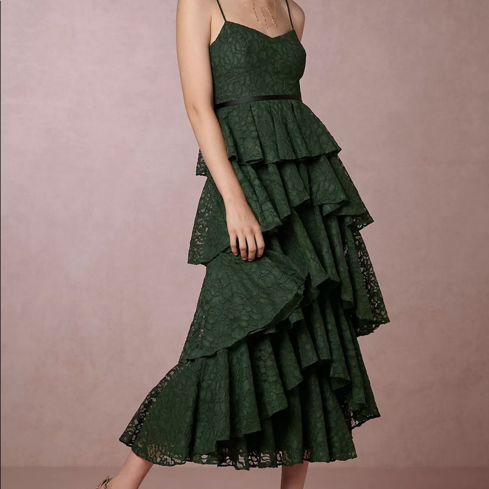 Cynthia Rowley tiered green lace dress BHLDN